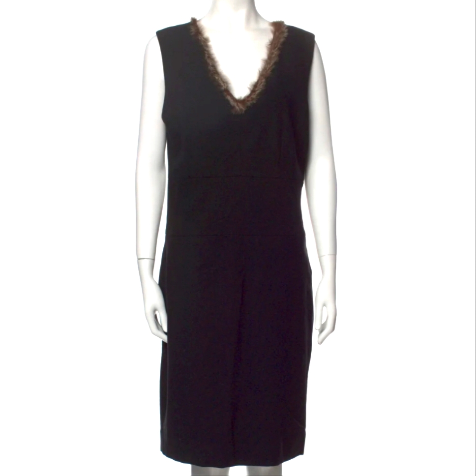 Diane Von Furstenberg Dvf Black Wool Blend Rabbit Fur Trimming Knee Lengt Dress